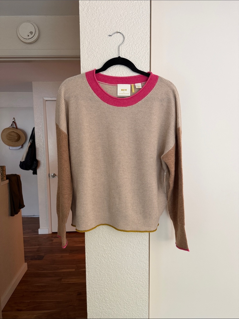 Maeve Beige Colorblock Crewneck Sweater with Pink Trim